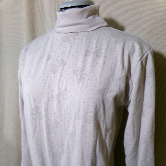 Bows print Layered Sweatshirt Top XS Beige Turtleneck Loose fit Lined top LS - Picture 5 of 11